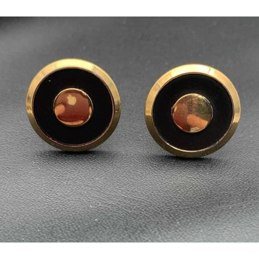 Vintage Swank Gold Tone And Matte Black Round Classic Cufflinks Signed